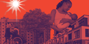 Flats and houses, woman holding a baby and child pushing a person in a wheel chair with a sun shining.